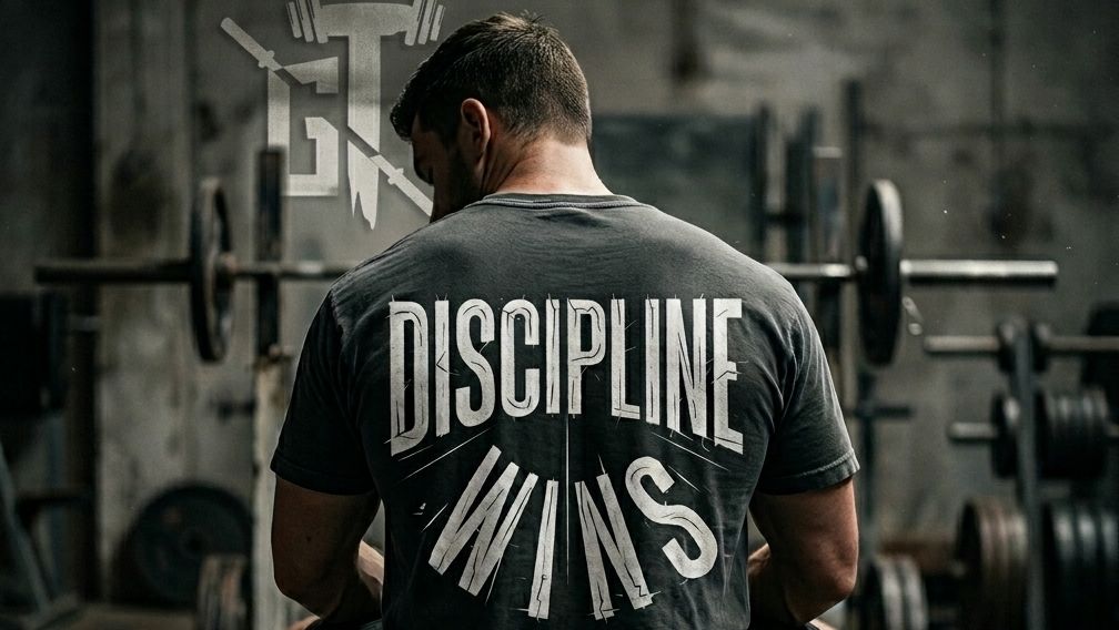 Person sitting on a bench in a gym wearing a t-shirt with 'Discipline Wins' text.